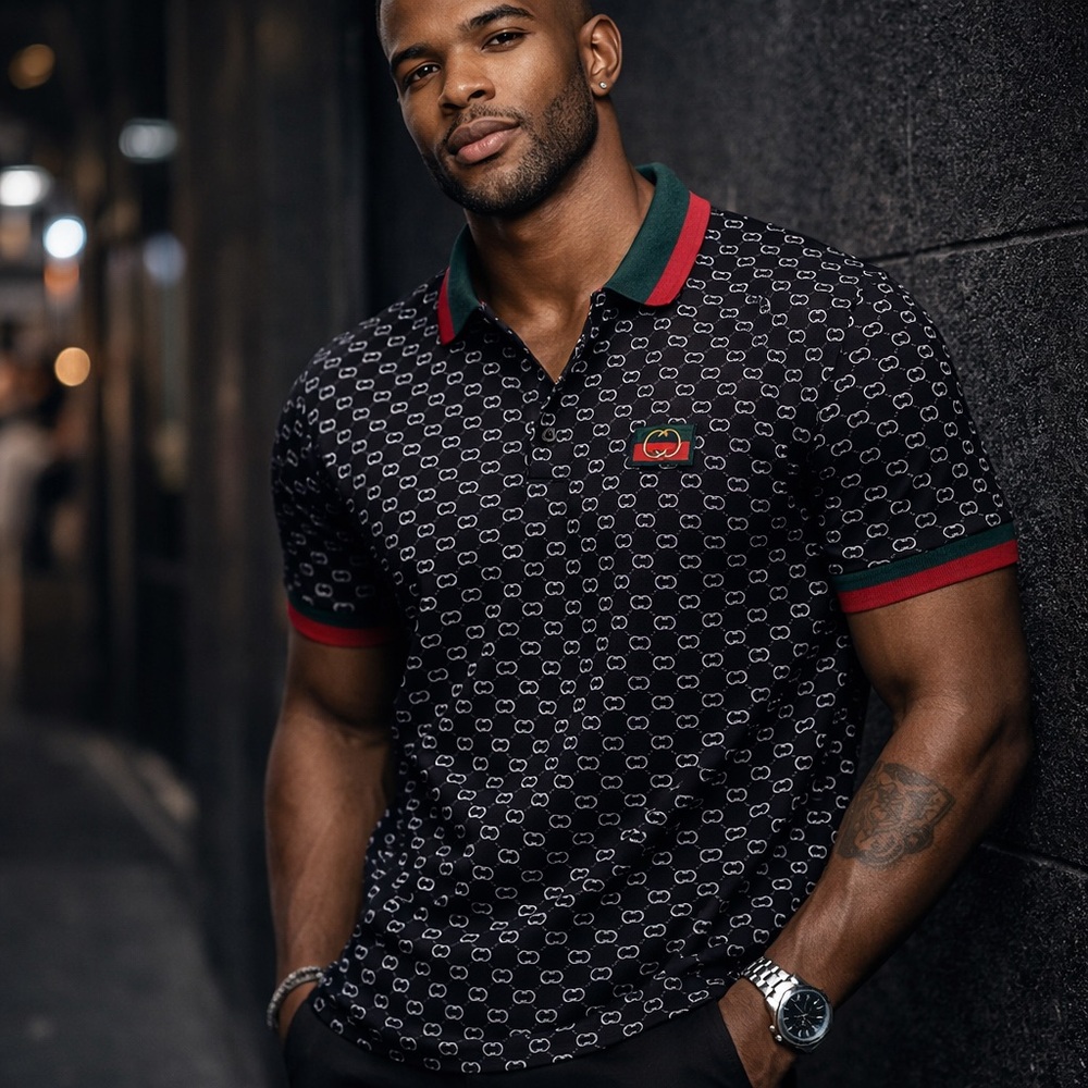 Albertini Black Monogram Polo Shirt Small Designer Style Green Red Trim Stretch